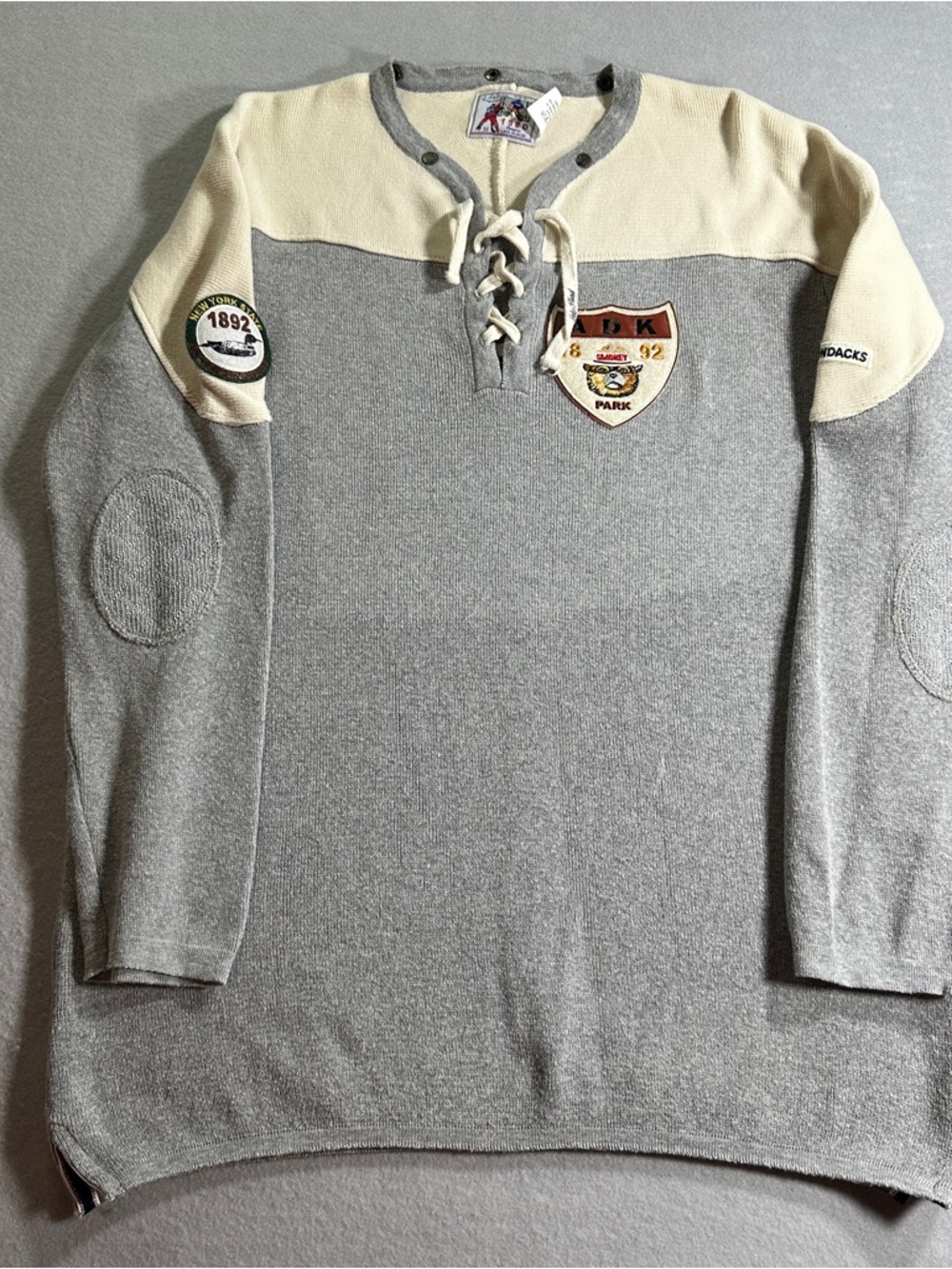 T Dalton Adirondack Lace Up Hockey Sweater Mens M Gray Patch Rustic Handmade Vtg